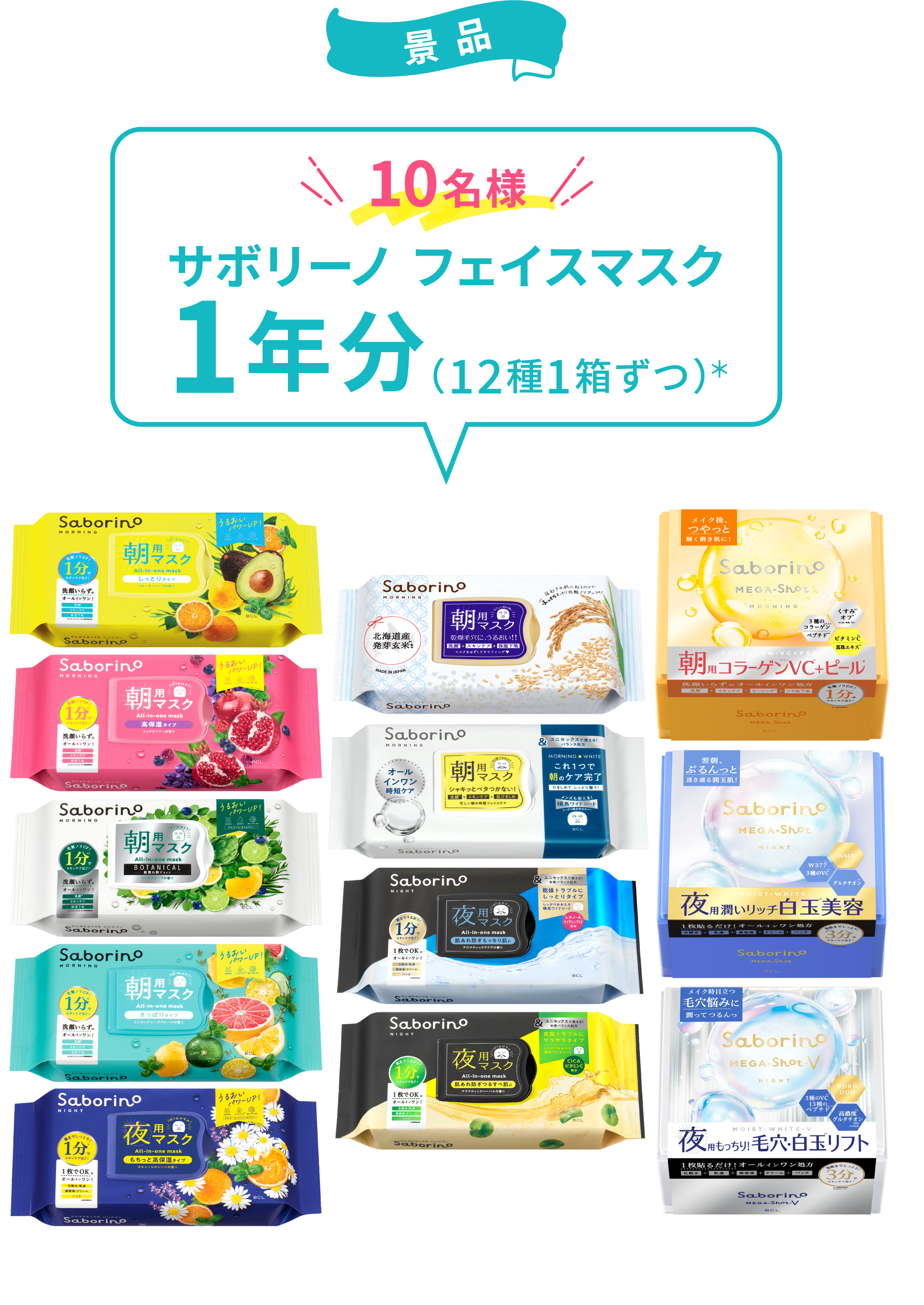 景品10名様サボリーノ フェイスマスク 1年分（12種1箱ずつ）