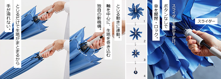 ベルトが無く、たたまなくても閉じる傘『Shupatto(シュパット)』