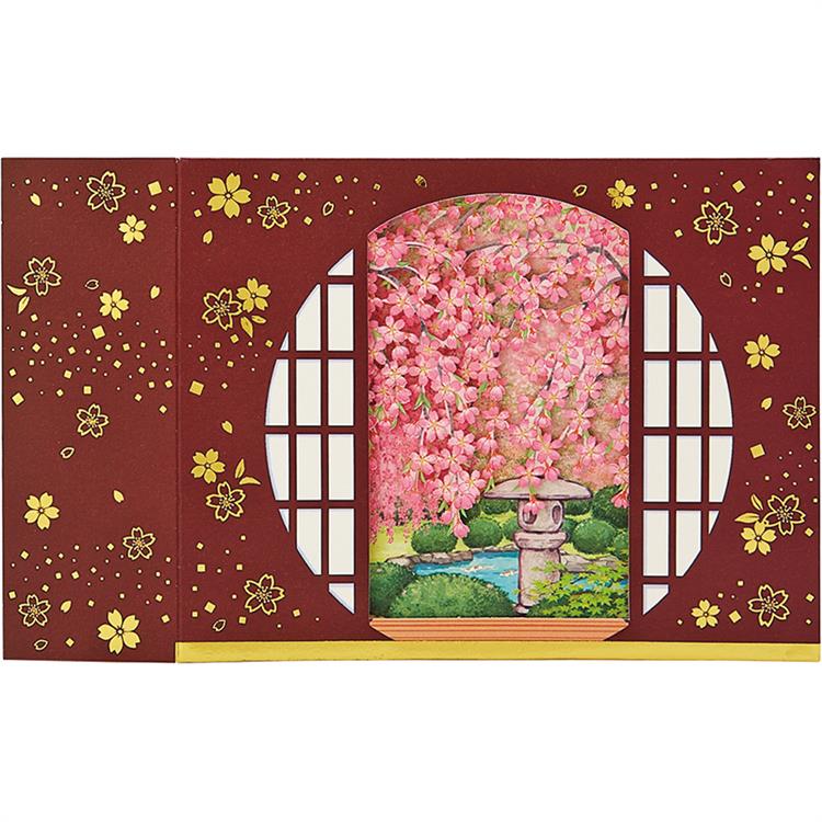 春柄　カード　立体　丸窓から桜と庭園