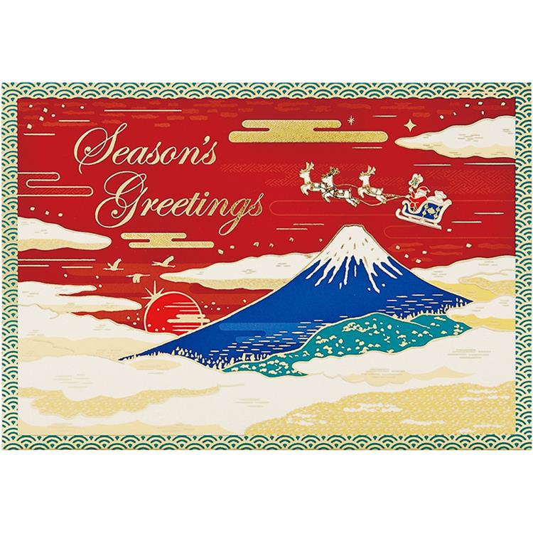 和風クリスマスカード 富士山に金線サンタ