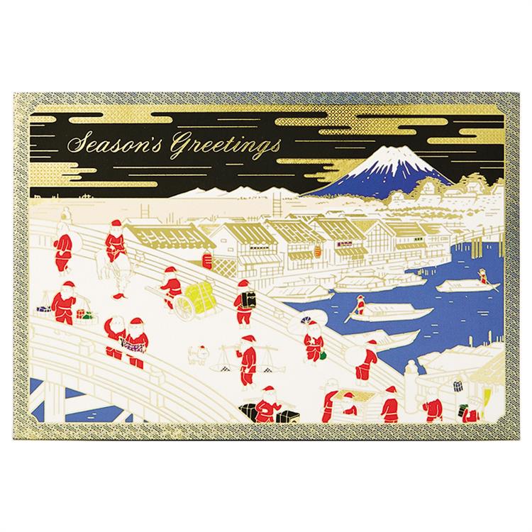 和風クリスマスカード 浮世絵風金線サンタ