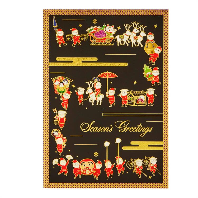 和風クリスマスカード ポップアップ 赤いツリーに金線サンタ