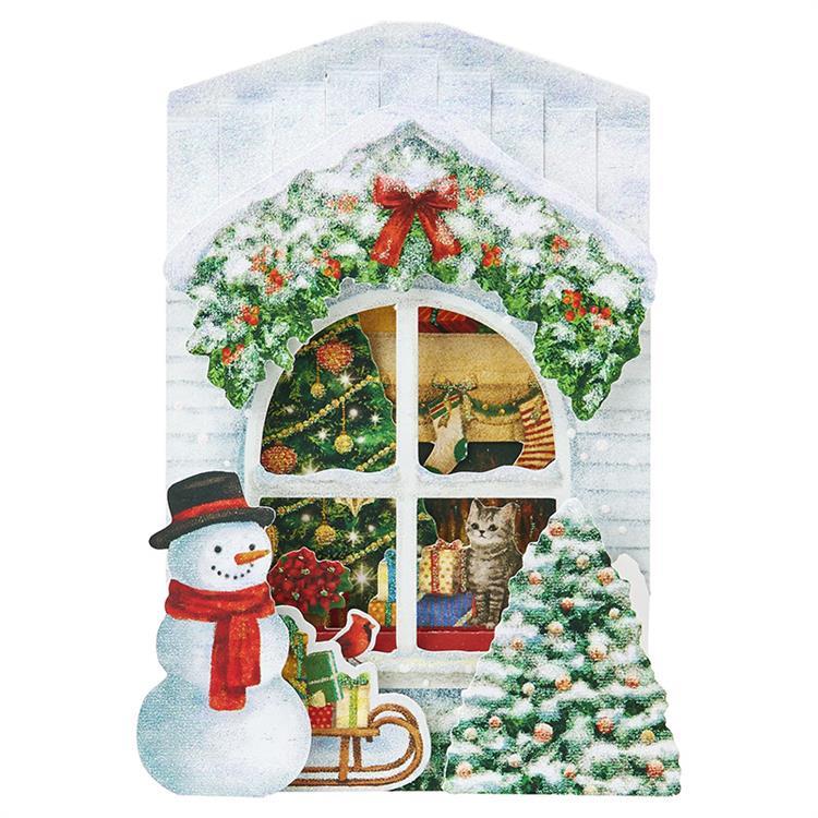 クリスマスカード 立体 窓の前にスノーマン