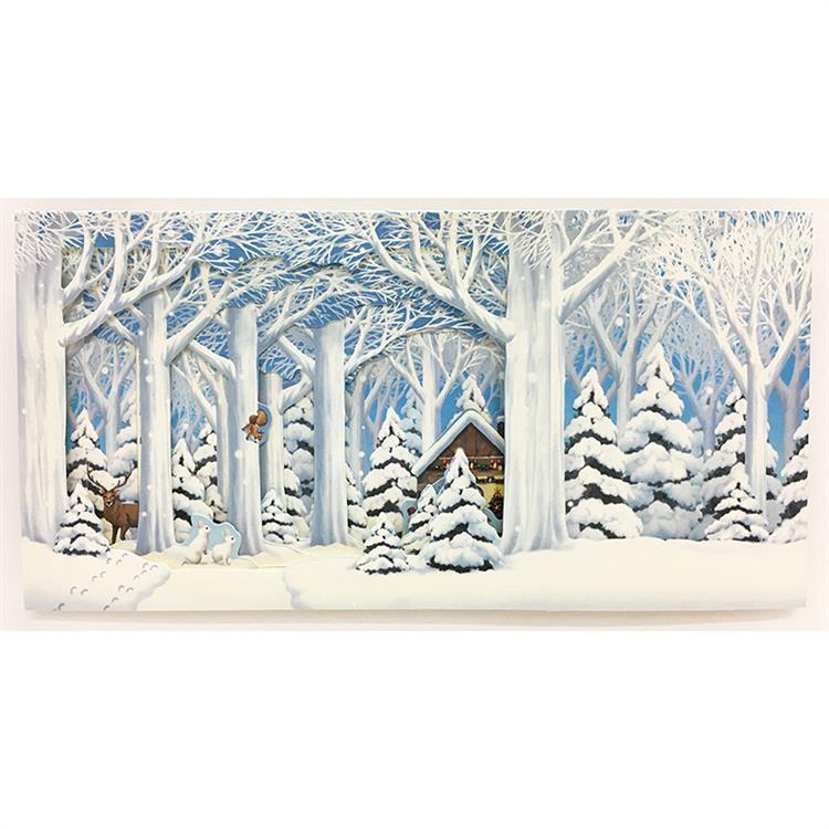 クリスマスカード 立体 雪の森の奥に家