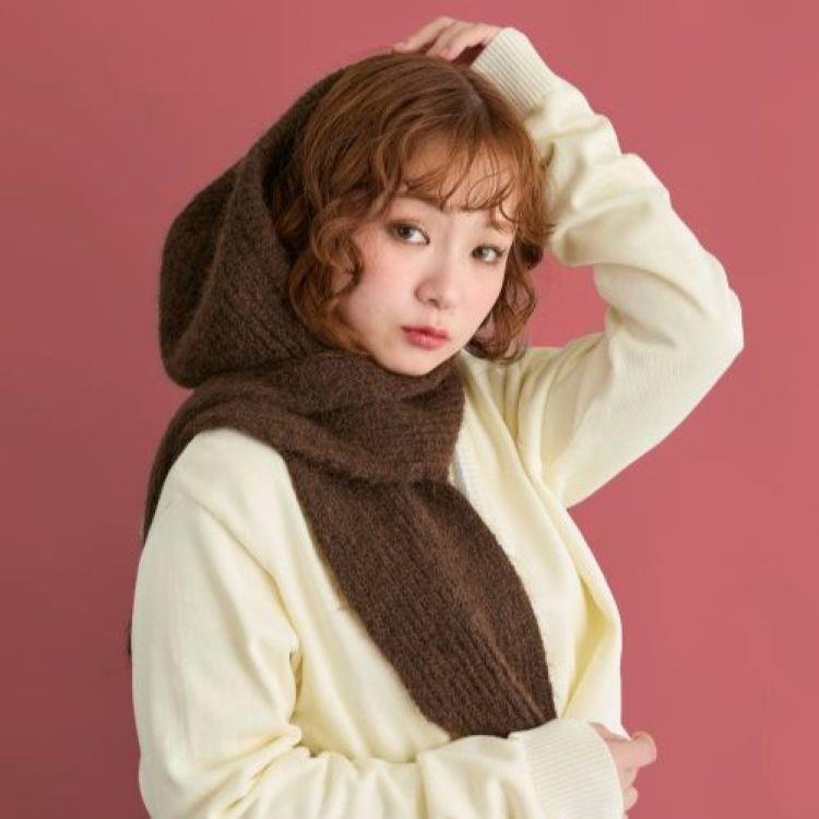 ヨキ フード付きモヘアマフラー 茶 茶