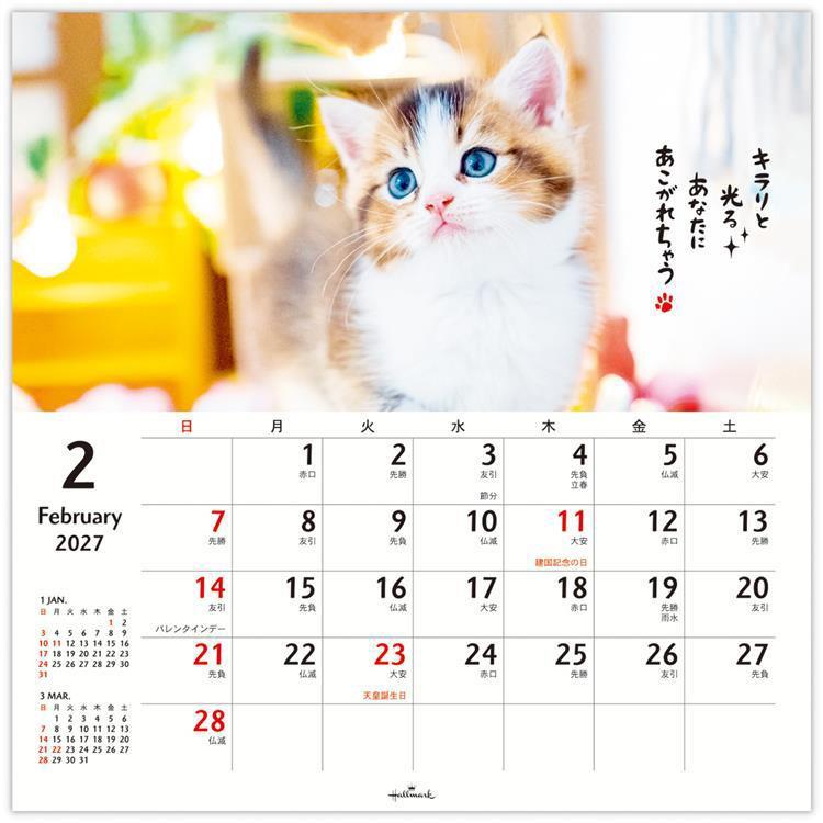2027年1月始まり リングカレンダー大 ほめにゃんこ ほめにゃんこ