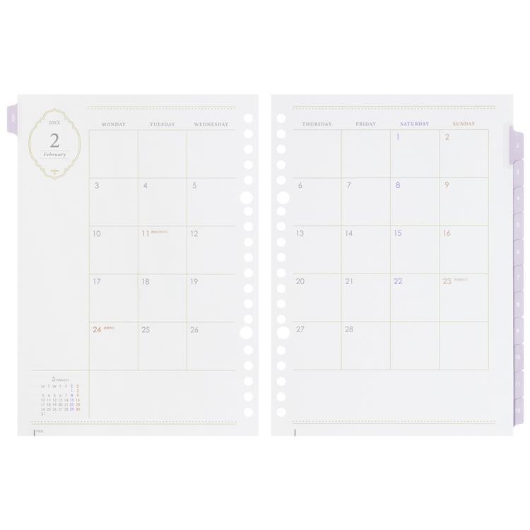 2026年1月始まり 月間 A5 ルーズリーフダイアリー ライトパープル ライトパープル