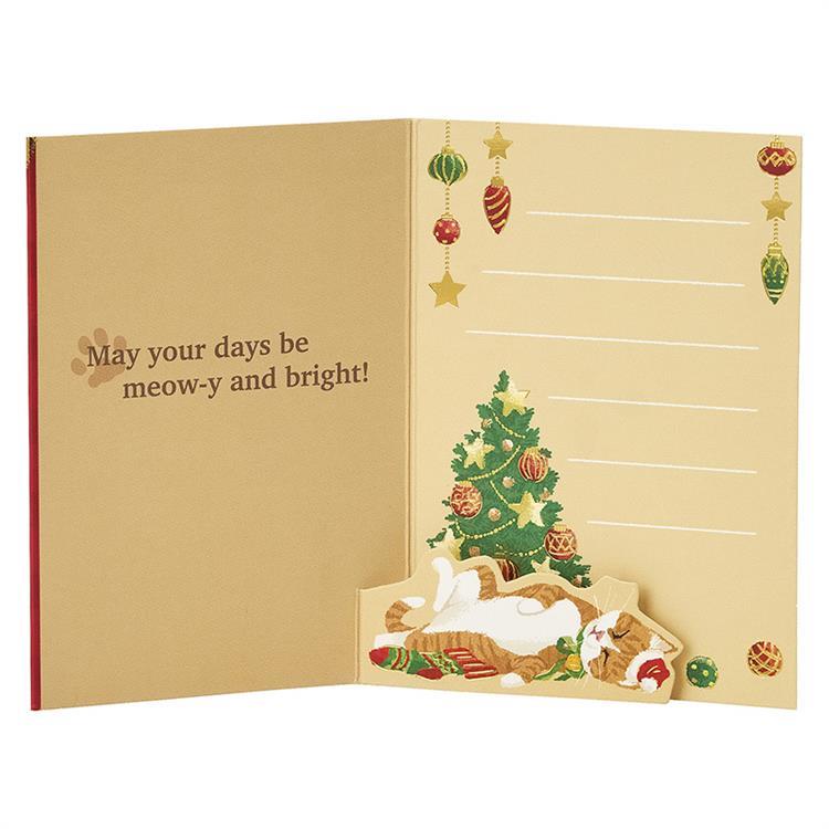 クリスマスミニカード ポップアップ サンタ帽子をかぶるネコ