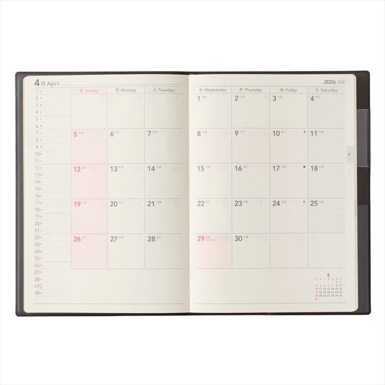 2026年4月始まり手帳 週間レフト B6 NOLTY エクリ 日曜始まり ダークグレー ダークグレー