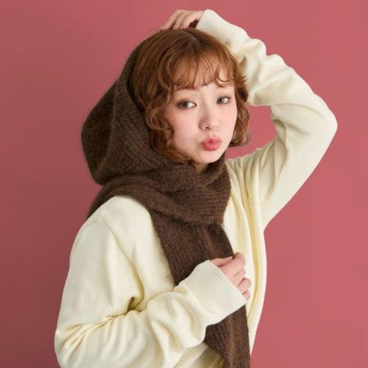 ヨキ フード付きモヘアマフラー 茶 茶