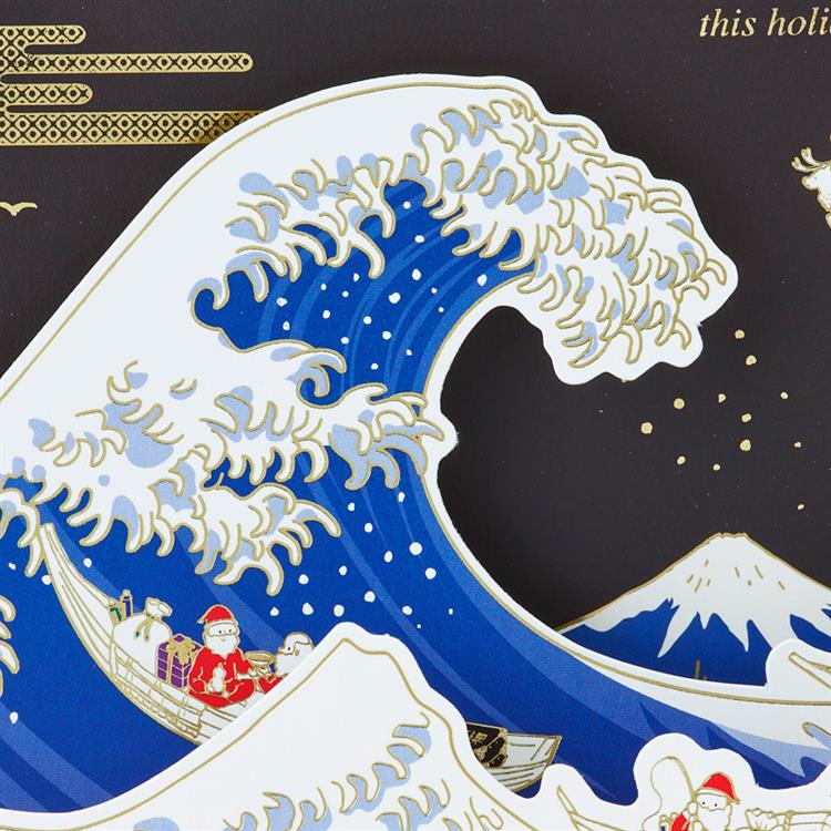 和風クリスマスカード 浮世絵風金線サンタ