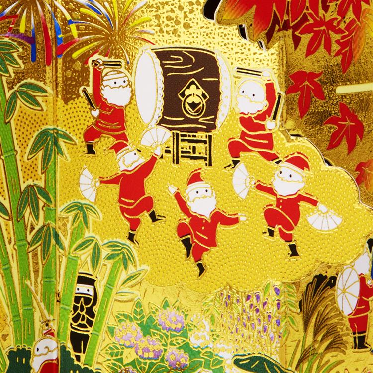 和風クリスマスカード 金線サンタ四季のびょうぶ