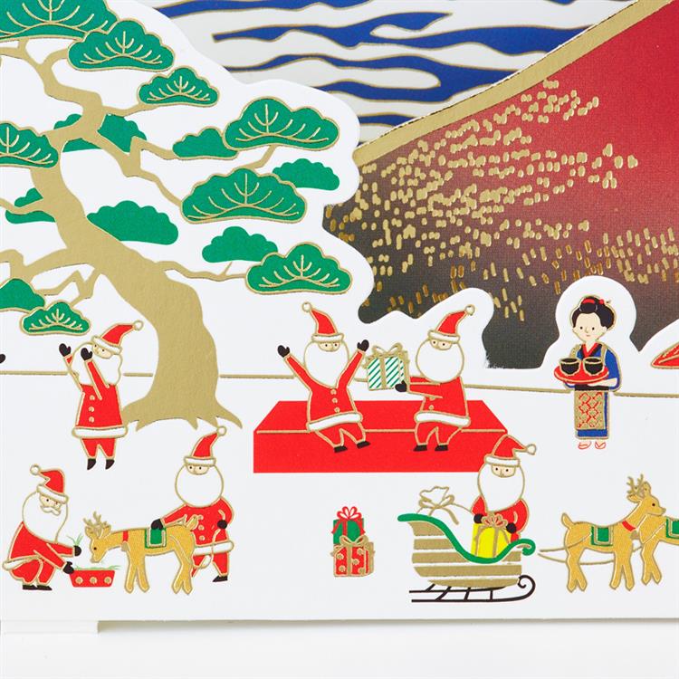 和風クリスマスカード 赤富士と金線サンタ
