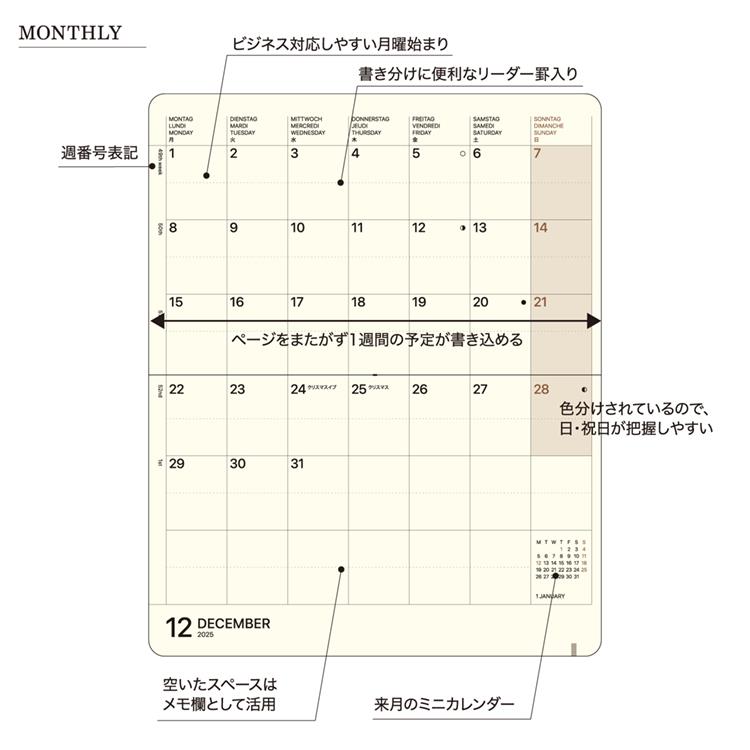 2025年12月始まり手帳 月間 A6変型 通帳サイズ トイトイトイ ベージュ ベージュ