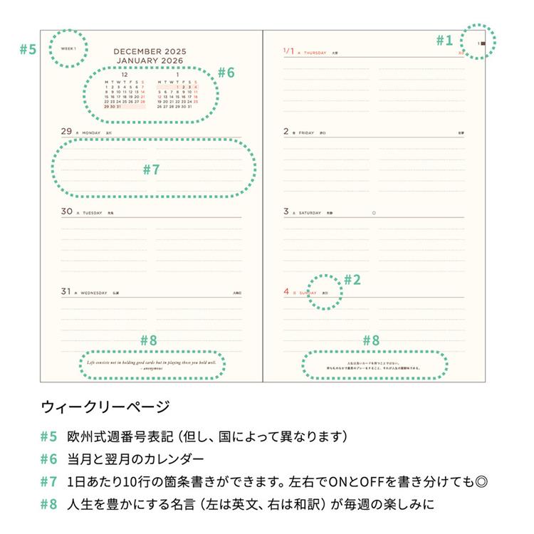 2026年1月始まり手帳 週間ブロック B6 新書 ラッキーモチーフ ユニコーン ユニコーン