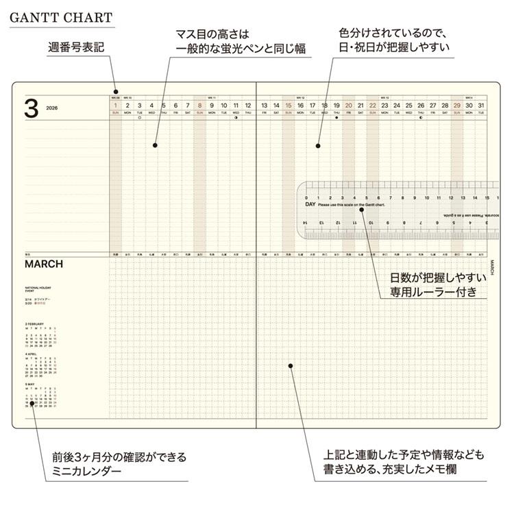2026年3月始まり手帳 月間 A4 ガントチャート タイポ