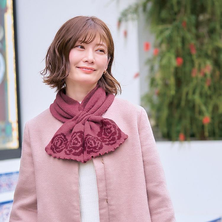 通すだけ華やかふんわりニットマフラー ローズ ローズ