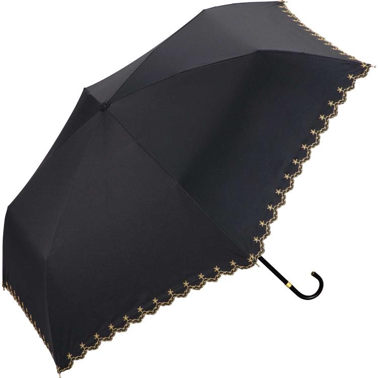 折りたたみ日傘　遮光　星柄スカラップ　ミニ　ブラック ブラック