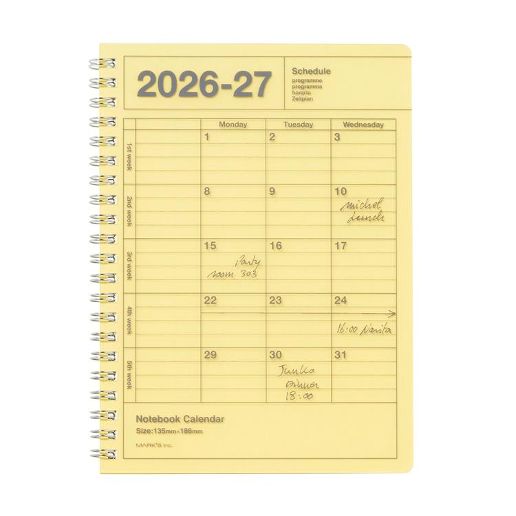 2026年4月始まり手帳 月間 B6変形 ノートブックカレンダー S・縦型 イエロー イエロー