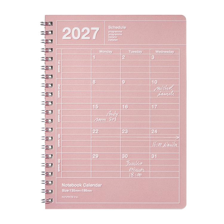 2027年1月始まり 月間 B6 ノートブックカレンダー S 縦型 ピンク ピンク