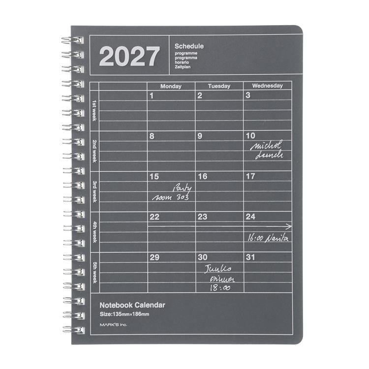 2027年1月始まり 月間 ノートブックカレンダー S 縦型 ブラック ブラック