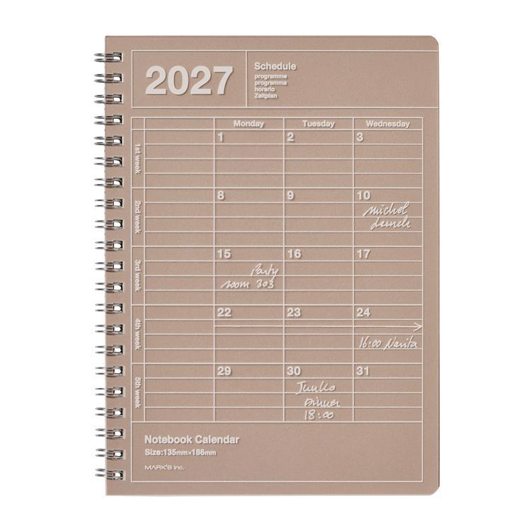 2027年1月始まり 月間 ノートブックカレンダー S 縦型 ブラウン ブラウン