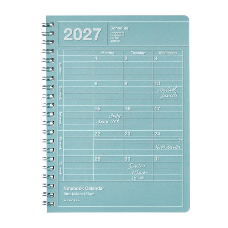 2027年1月始まり 月間 ノートブックカレンダー S 縦型 ブルー ブルー
