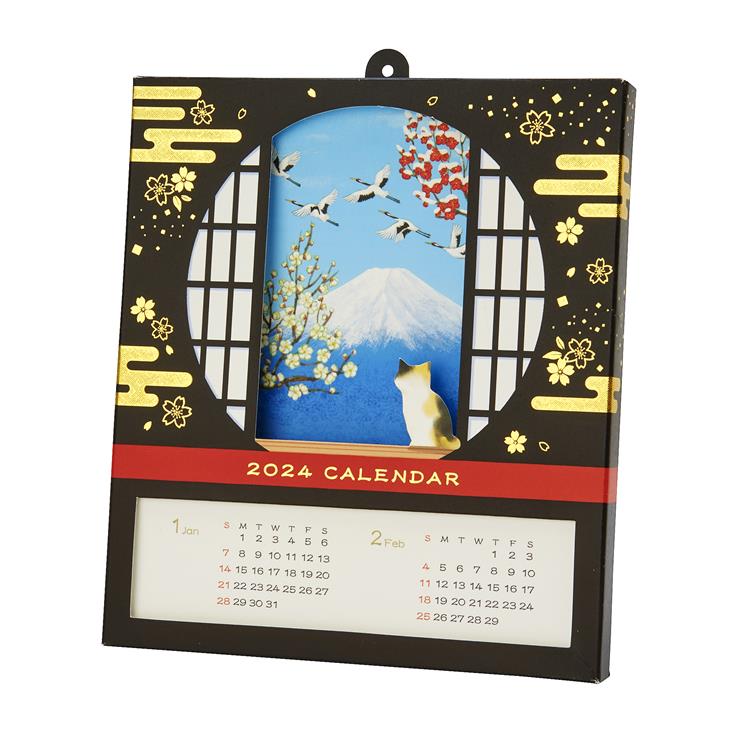 和風クリスマスカード　丸窓に風景カレンダー