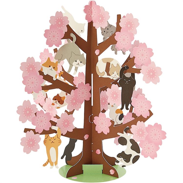 春柄　カード　立体　桜の木にネコ