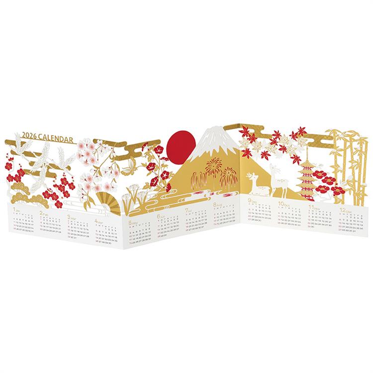 和風クリスマスカード 白と金と赤のカレンダー