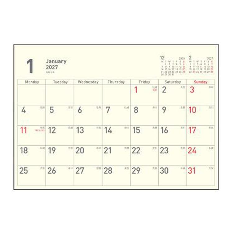 2027年1月始まり 卓上 A5 デスクトップカレンダー 月曜始まり