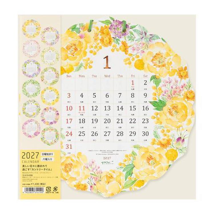 2027年1月始まりカレンダー 壁掛け ダイカットカントリータイム 花柄 カントリータイム 花柄