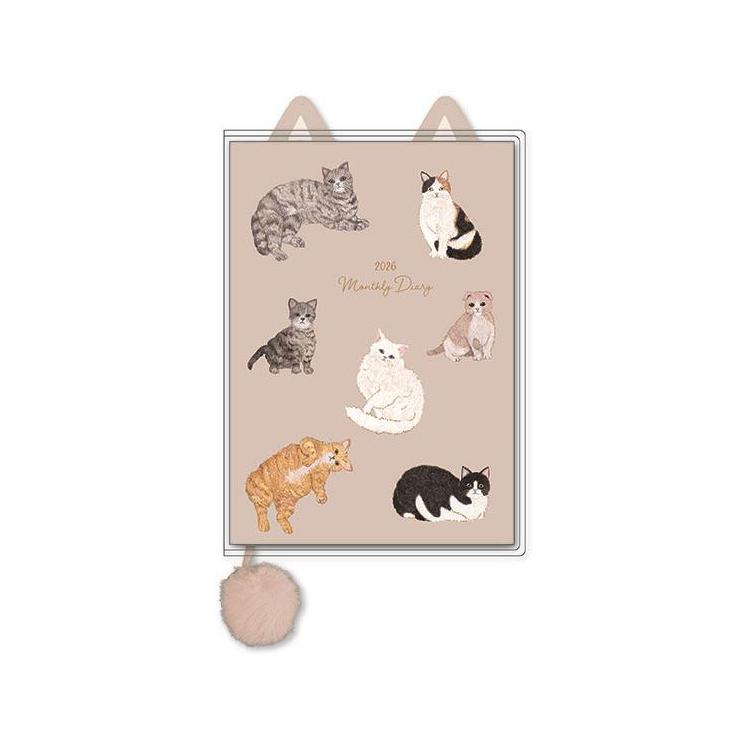 2025年12月始まり手帳 月間 A6 ダイカットネコ グレーベージュ グレーベージュ