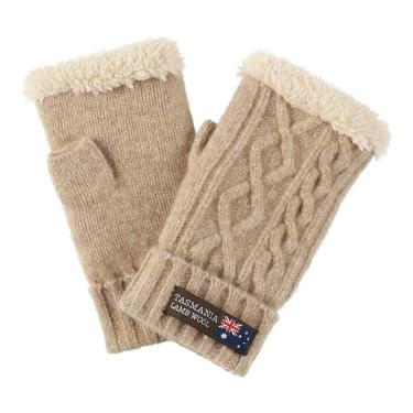 フィンガーレスグローブ ケーブル編み ベージュ タスマニアラムウール【ロフト限定】