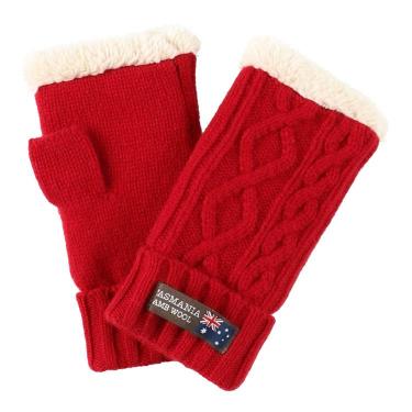 フィンガーレスグローブ ケーブル編み レッド タスマニアラムウール【ロフト限定】