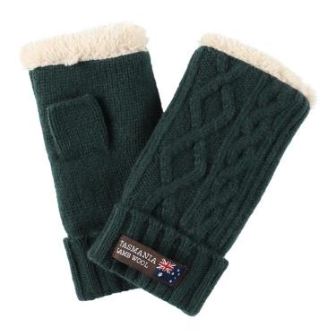 フィンガーレスグローブ ケーブル編み グリーン タスマニアラムウール【ロフト限定】