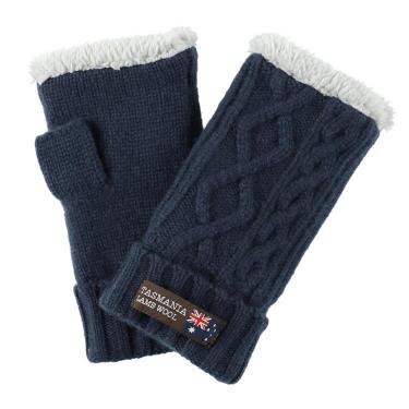 フィンガーレスグローブ ケーブル編み ネイビー タスマニアラムウール【ロフト限定】
