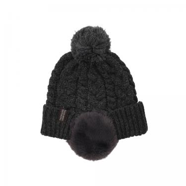 ケーブル編みボア耳付ワッチ タスマニアラムウール チャコール