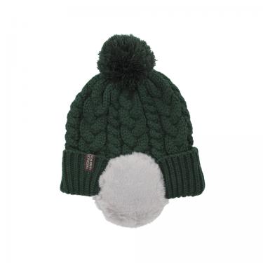 ケーブル編みボア耳付ワッチ タスマニアラムウール グリーン