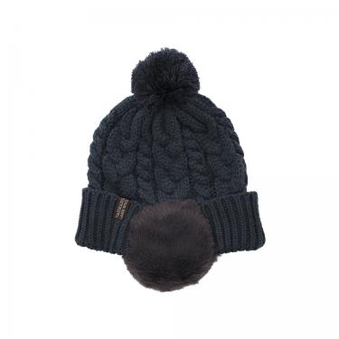 ケーブル編みボア耳付ワッチ タスマニアラムウール ネイビー