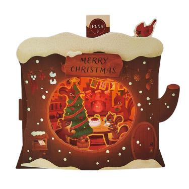クリスマス ライト&メロディーカード 切り株リスの家