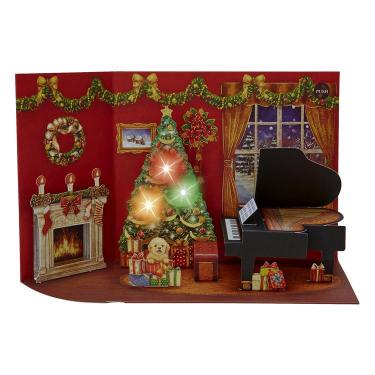 クリスマスカード ライト&メロディー 赤い部屋とピアノ