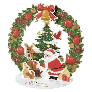 クリスマスカード 立体 リースのアーチにサンタと動物