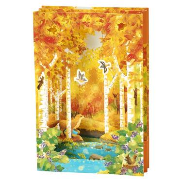 秋柄カード 立体 林に動物