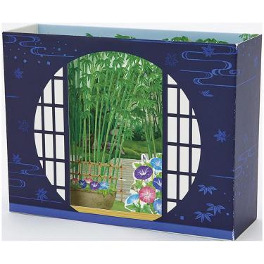 夏柄カード 立体 丸窓 夏の日本庭園