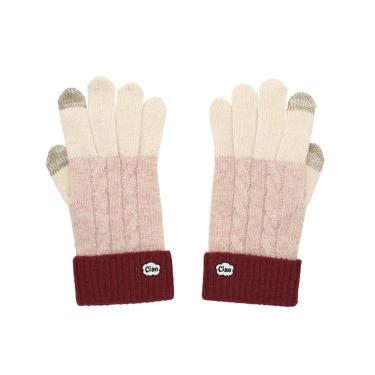 アイタッチグローブ ケーブル編み ベージュ×ワインレッド【ロフト限定】