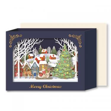 クリスマスカード 立体 街並みとそり