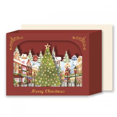 クリスマスカード 立体 街並とツリー
