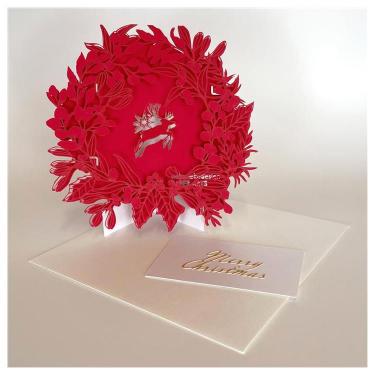 クリスマスカード 立体 レーザーカット リース レッド