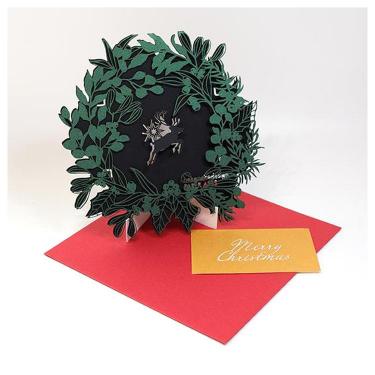 クリスマスカード 立体 レーザーカット リース メタリックグリーン